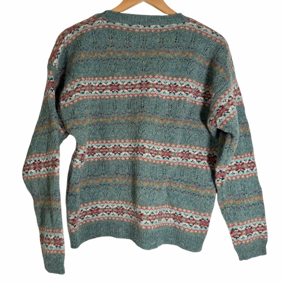 Vintage 80s Eddie Bauer 100% Wool Fair Isle Crewneck Sweater Sage Teal Medium - Picture 3 of 3